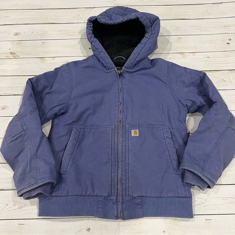 Carhartt Girls' Canvas Full-Zip Hooded Jacket Kids Sz M/12 Blue Sherpa Lined